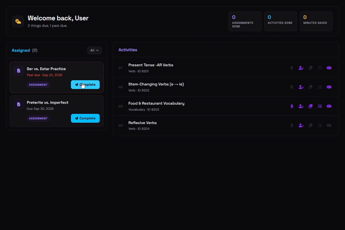 The Hackemos dashboard showing assigned work and practice activities